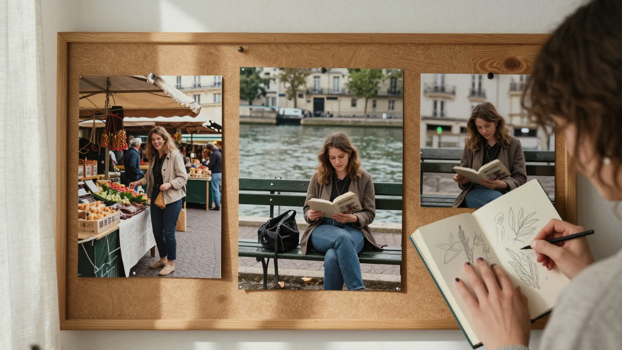 A collection of authentic personal photos showing a woman in everyday Parisian settings.