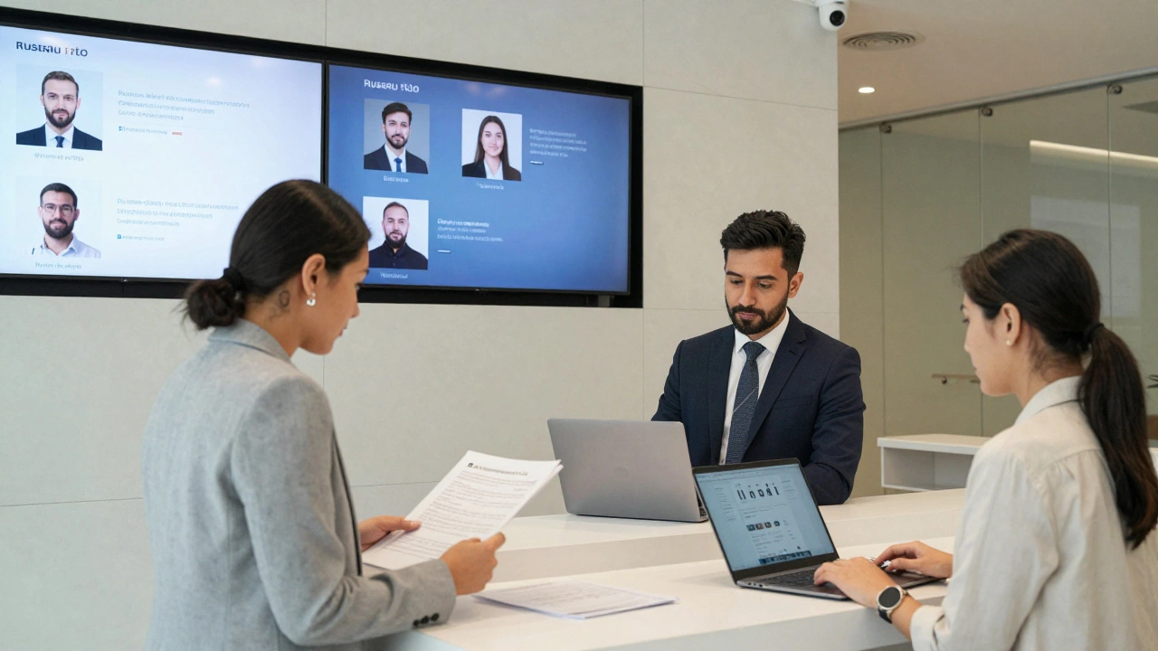 A professional agency office in Dubai showing vetted profiles and a manager reviewing documents with a companion.