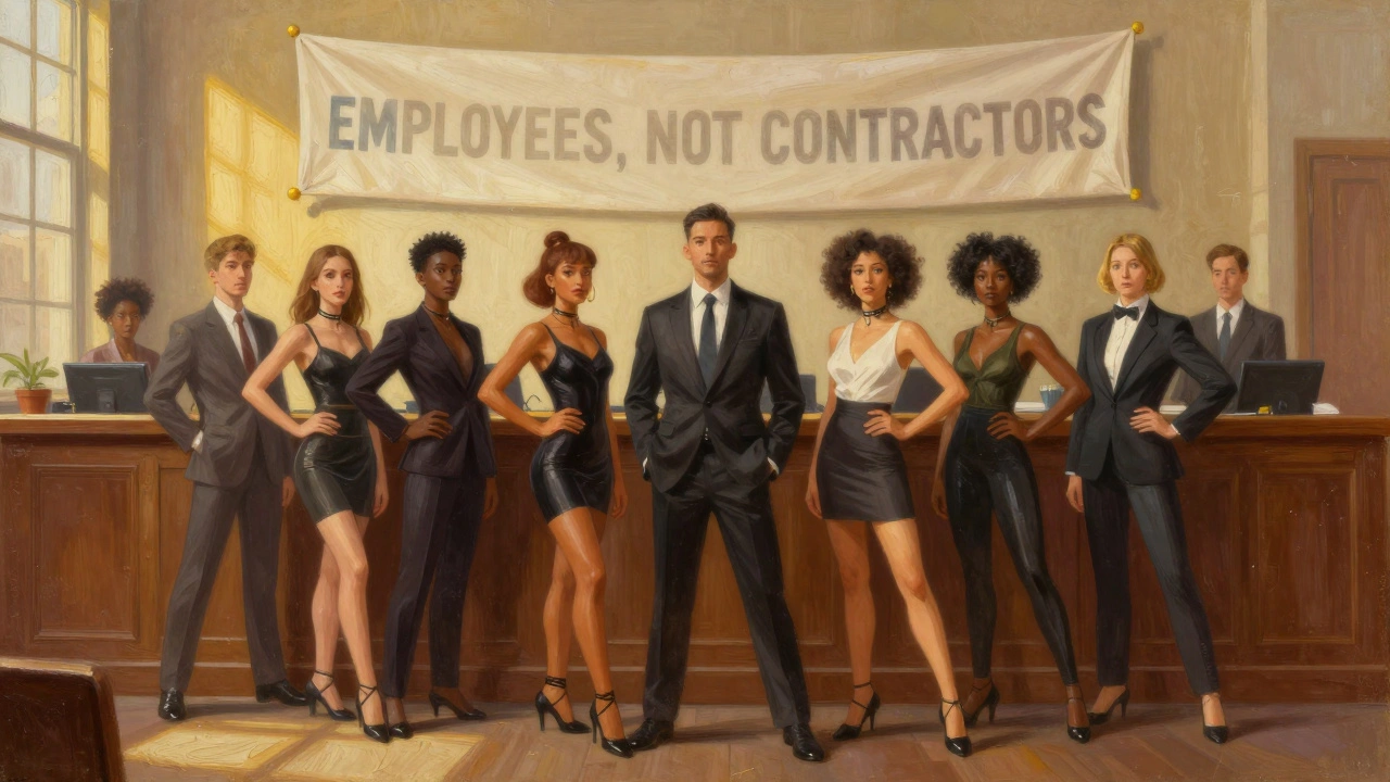 Dancers standing proudly in court as a banner declares them employees under golden courtroom light.