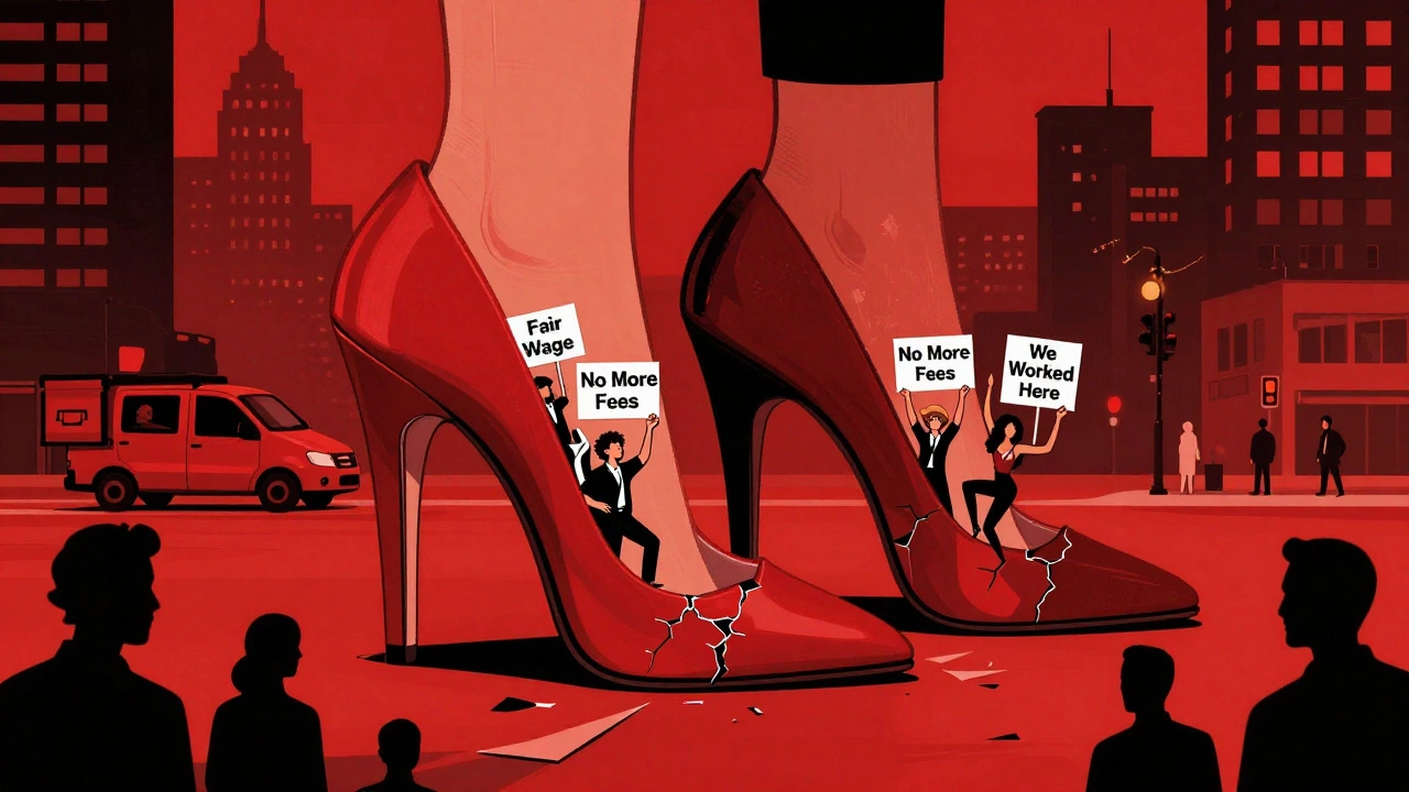 Giant cracked heels revealing workers inside, symbolizing labor rights across gig industries.